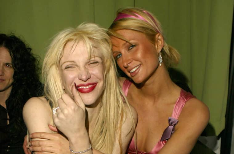 Courtney Love and Paris Hilton during EMI 2004 GRAMMY Party at Los Angeles County Museum of Art in Los Angeles, California, United States. (Photo by J. Vespa/WireImage for EMI Music)