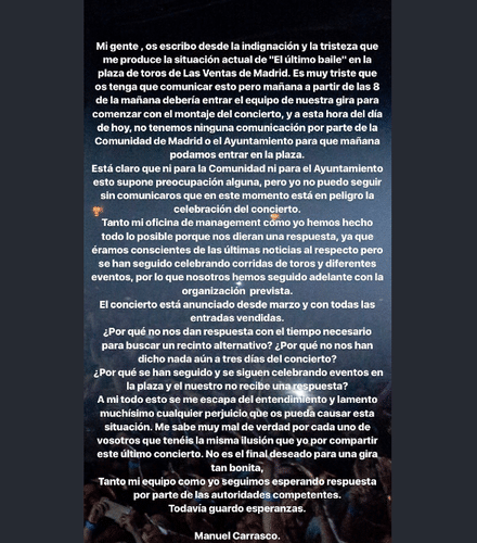 Cancelados los conciertos de Manuel Carrasco y Vanesa Martín en Madrid