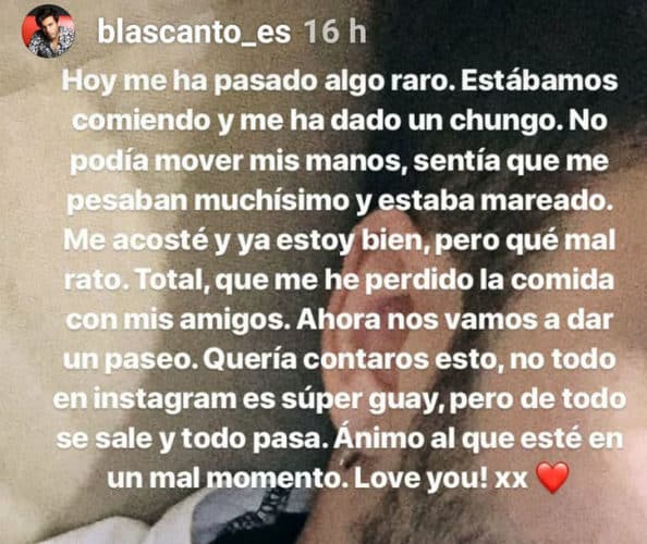 El susto de Blas Cantó por Instagram que preocupa a sus fans
