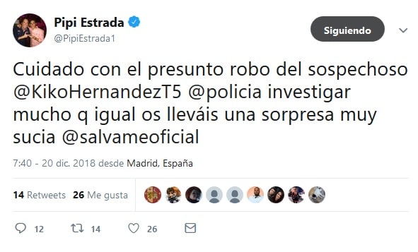 Sorpresa: Pipi Estrada escribe a la policía para desvelar la verdad sobre el robo a Kiko Hernández
