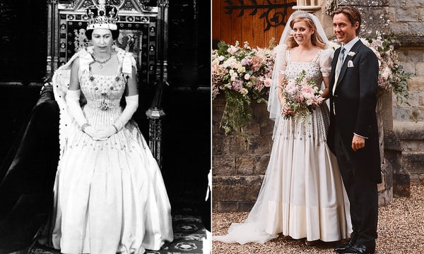 Beatriz de York luciendo el mismo vestido que la reina Isabel II el día de su boda.