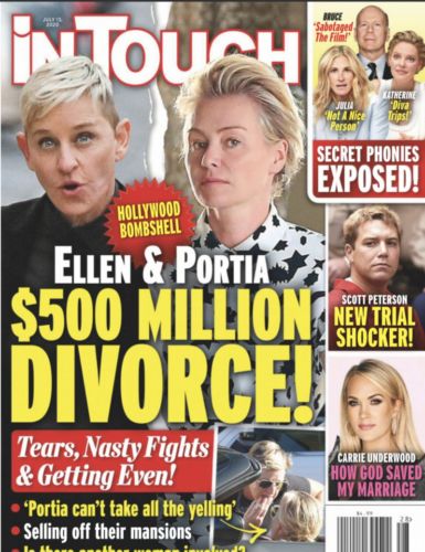 Portada de la revista "In Touch" cuyo titular en la portada hace referencia a un posible divorcio entre Ellen DeGeneres t Portia de Rossi