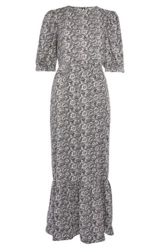 Vestido midi gris con mangas abullonadas de algodón hilado. Primark