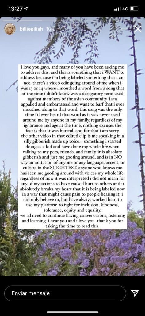 Billie Eilish se disculpa por sus palabras y burlas racistas