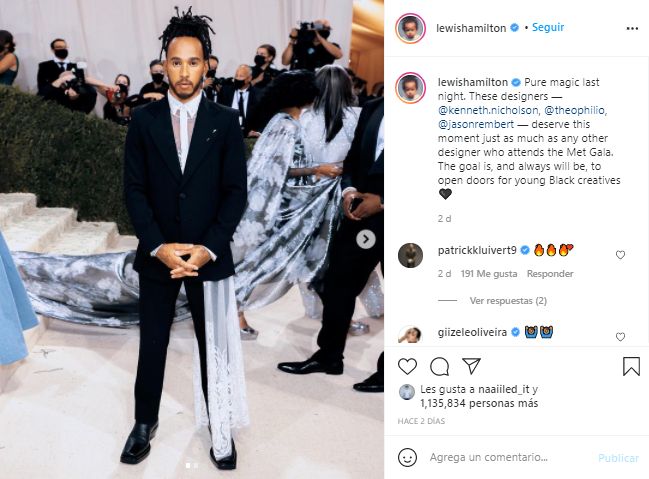 Instagram Lewis Hamilton en la MET Gala