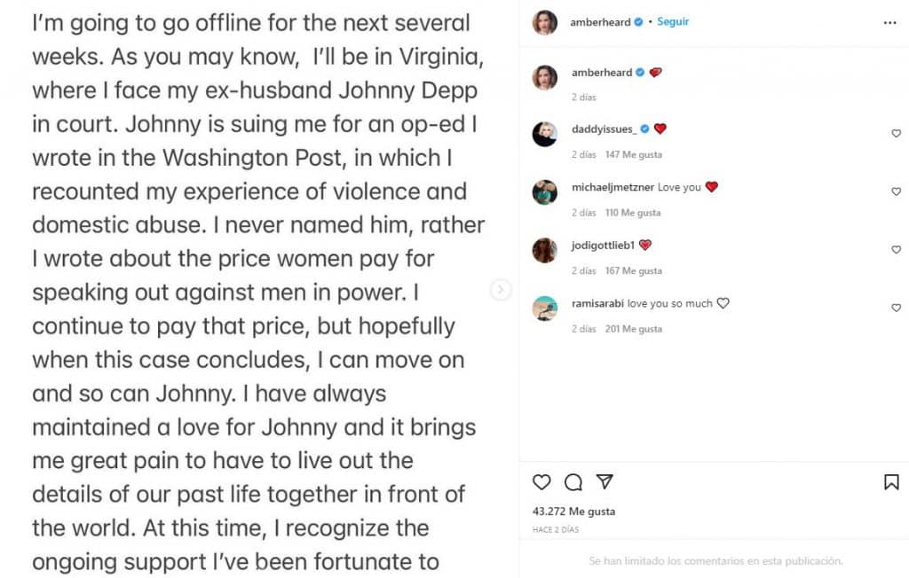 Mensaje de Amber Heard a Johnny Depp que aún le quiere