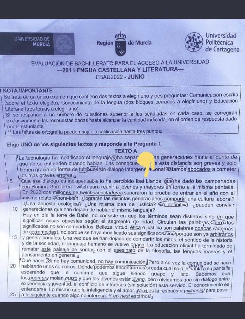 Prueba de Lengua Castellana y Literatura EBAU Murcia