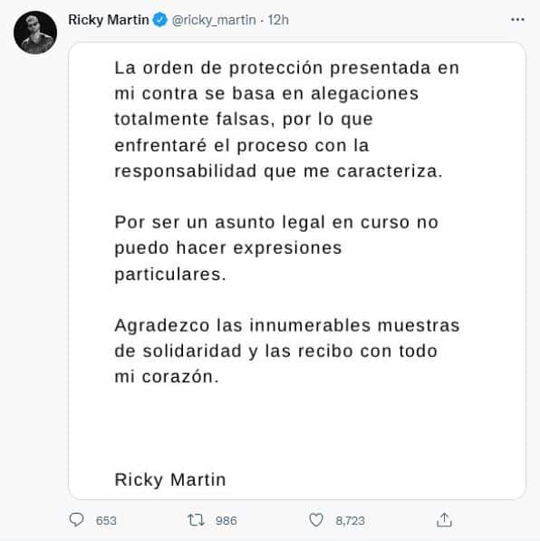 Orden de alejamiento contra Ricky Martin: "las alegaciones de violencia doméstica son falsas"