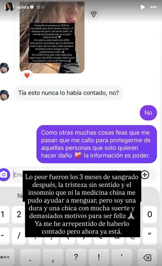 Violeta Mangriñán confiesa uno de sus peores momentos de 2025: "Ahora mismo estaría a dos semanas de parir mi tercer hijo" Violeta Mangriñan aclara más cuestiones de su aborto | Fuente: @violeta