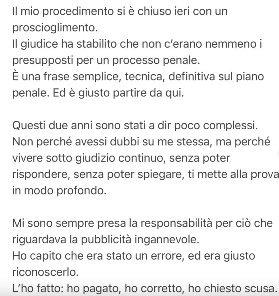 Esta es la primera parte del comunicado compartido por Chiara Ferragni en Instagram - Fuente: @chiaraferragni