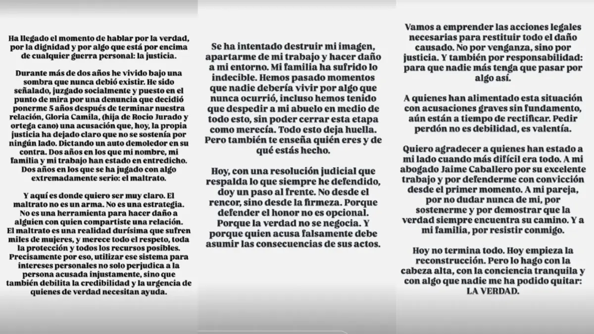 Te contamos los detalles del juicio que Kiko Jiménez le ha ganado a Gloria Camila: "Dos años siendo señalado por algo que nunca ocurrió" El discurso que Kiko Jiménez compartió en sus stories - Fuente: Instagram